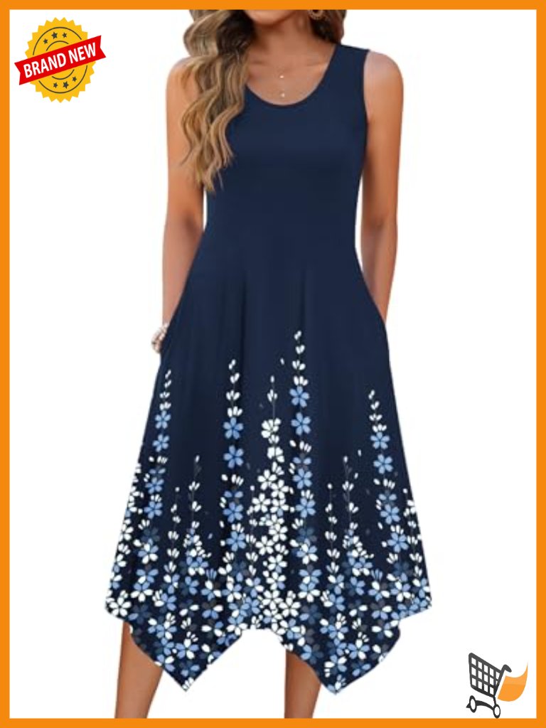 Loose Flowy Midi Sundress With Pockets Asymmetrical Hem Tank Dress